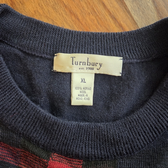 Turnbury 100% Merino Wool Navy and Red Plaid Sweater Warm Lightweight XL - Picture 3 of 6